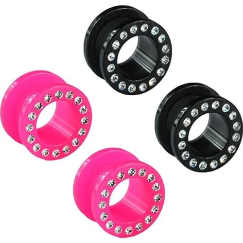 PAIR Acrylic CZ Gem Black & Pink Ear Flesh Tunnel Gauge Plugs Piercing Screw Fit Ear Stretcher Expander Earlobe Body Jewelry