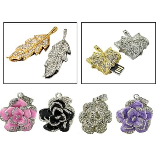 Diamond Rose Flower Leaves USB Flash Drive 128GB USB Flash Disk Girlfriend Gift Crystal Necklace Pendrive8GB 64GB USB 2.0 Gift