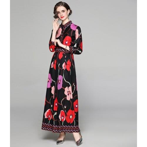 Spring Runway Long Dress Womens Turn Down Neck Long Sleeve Vintage Floral Print Casual Holiday Party Dresses K7820