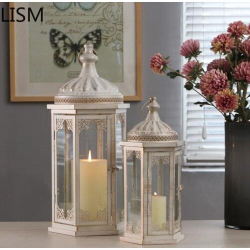 Windproof Luxury Metal Candle Holder Glass Large White Nordic Candle Holder Outdoor Garden Wedding Decoration Table Centerpieces