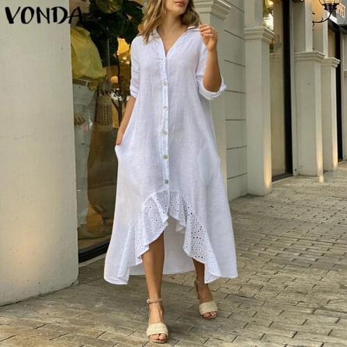 VONDA Women Long Sleeve Asymmetric Hem Pleated Long Dress Casual Lapel Collar Button Up Shirt Dresses Bohemian Party Vestidos