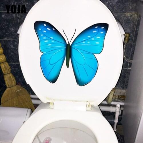 YOJA 21.7X18.7CM Blue Cartoon Butterfly House Decoration Bathroom Toilet Decal Funny Room Wall Sticker T1-2200