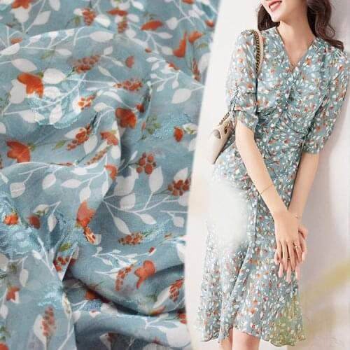 One meter High grade jacquard Chiffon fabric Fashion Orange Floral Print tissu shirt cheongsam womens cloth material