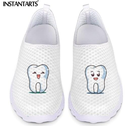 INSTANTARTS Lovely Cartoon Tooth Pattern Women Flat Shoes Breathable Mesh Slip on Sneaker for Laides Summer Beach Shoe Loafers