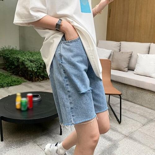 Women Bermuda Shorts Street Wear High Waist Wide Leg Denim Shorts Women with Hole 2021 New Jean Shorts Women Summer Korean Style