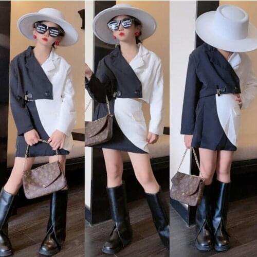 2021 Korea style girls 2 pcs patchwork set blazer+skirt fashion cotton autumn girls suit 4-9t B764