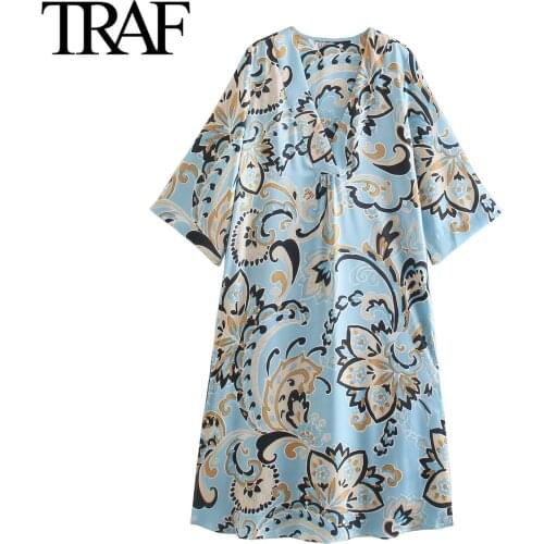 Traf Za Dresses for Women 2021 Summer V-Neck Loose Printed Vintage MIDI Shirt Dress Female Robe Vestidos Mujer