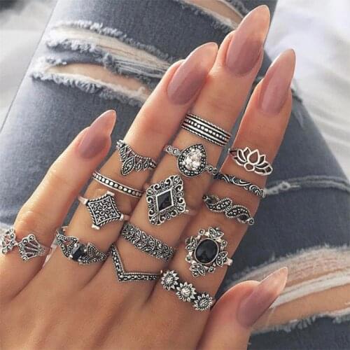 15pcs Boho Bohemian Ring Set Joint Knuckle Carved Finger Rings Stylish Hand Accessories Jewelry