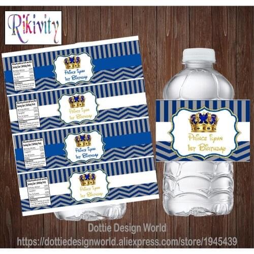 Personalized Prince Crown Blue Zigzag Water Bottle Wine Labels Candy Bar Wrapper Stickers Baby Shower Birthday Party Decoration