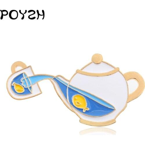 White transparent teapot cup Enamel Brooch Yellow fish in blue water Lapel Pin Emblem Jewelry Gift badge