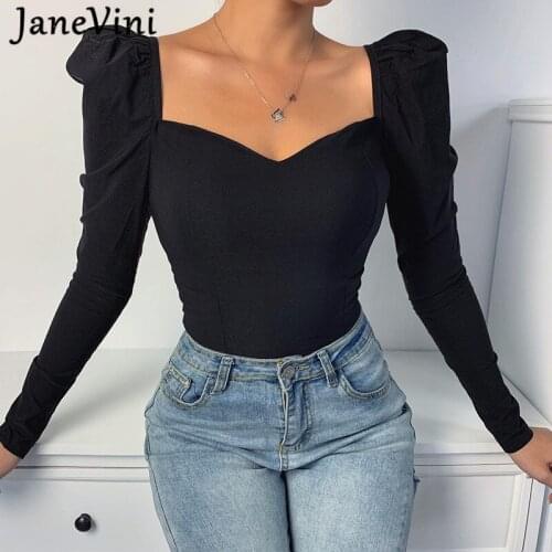 JaneVini Fashion Women Puff Sleeve T-shirt Black White Slim Fit Long Sleeve Streetwear Ladies Tops Tees Shirts Tee Shirt Femme