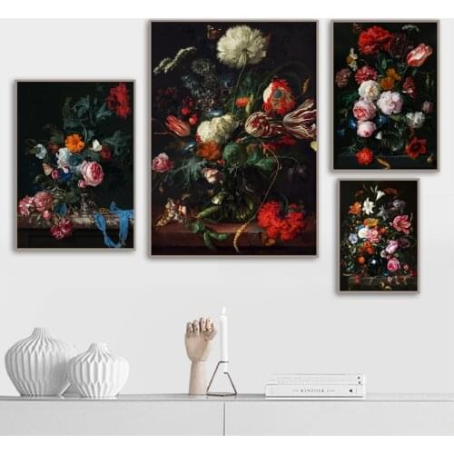 Dutch Flower Still Life Painting Dark Floral Classic Fine Art Posters and Prints Gallery Wall Art Canvas Painting Pictures Home