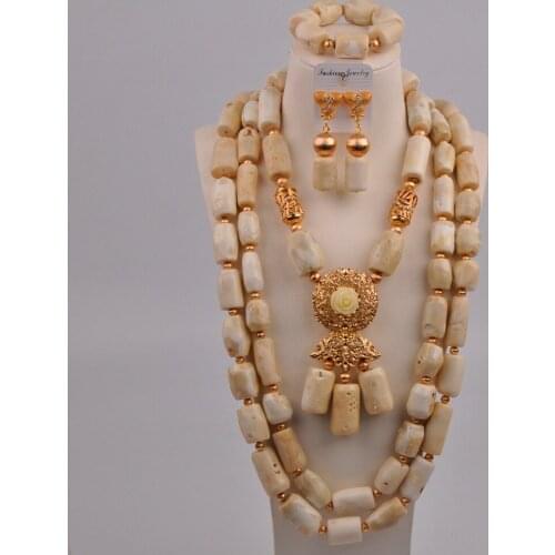 Red/Orange/White African Wedding Beads Nigerian Coral Beads Bridal Jewelry Sets 2-18-G1