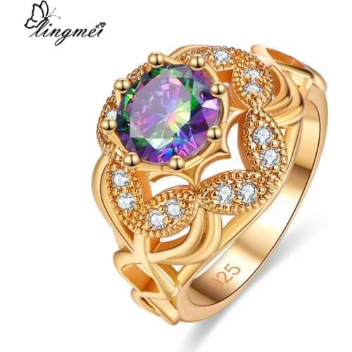 Lingmei New Arrival Round MultiPink White CZ GoldRing Size 6-9 Wedding Party Women Fashion Jewelry Wholesale
