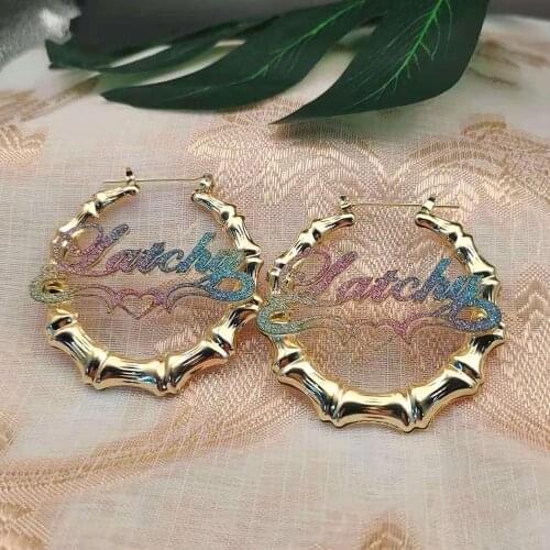 LUER Custom Bamboo Name Earrings Stainless Steel Color Sticker Bamboo Hoop Personalized earring Heart-Shaped For Womens Gift