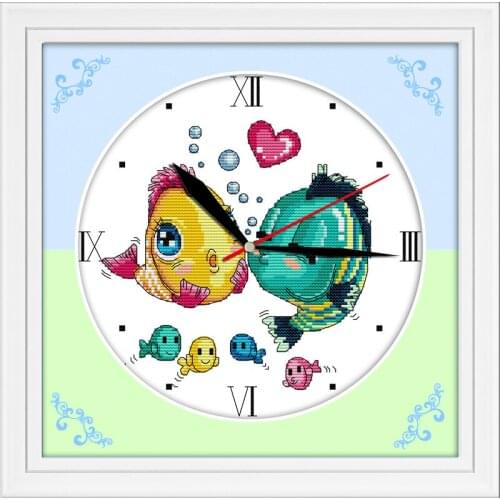 Kissing fishes clock cross stitch kit 14ct 11ct canvas wall clock stitches embroidery DIY handmade needlework plus