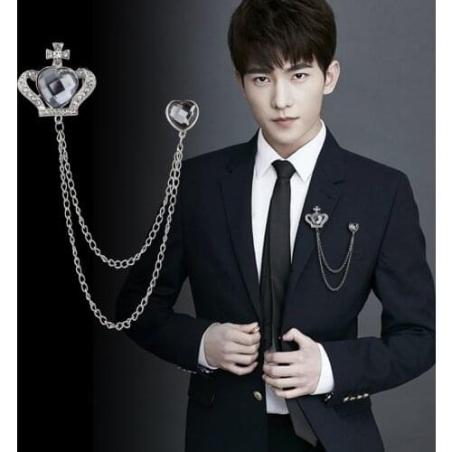 New Korean Vintage Wing Badge Crown Mens Metal Brooch Tassel Crystal Lapel Pins and Brooches Shirt Corsage Suit Men Accessories