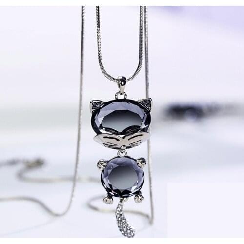 New Cute Fashion Colorful Cartoon Cat Crystal Pendant Necklace For Women Animal Sweater Chain Suit Decoration Jewelry Gift