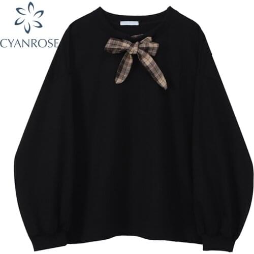 Black&Khaki Solid Womens Pullover Sweatshirt O Neck Long Sleeve Bownot Preppy Style Street Sweet 2021 Loose Jumper Sweatwear