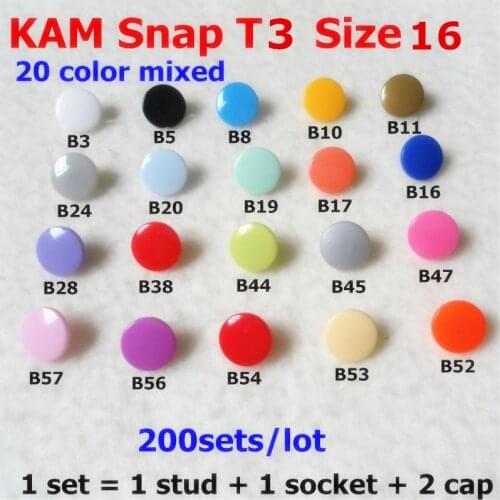20 colors mixed ) 200sets Glossy T3 size 16 Kam Snaps Button Plastic Resin Fasteners for DIY Baby Diaper 10 sets per bag