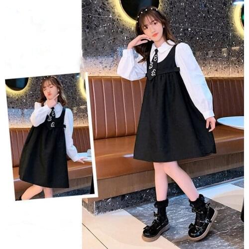 Spring Autumn Girls' Uniform Dress Preppy Style Long-Sleeved Lapel Shirt+Strap Dress+Tie Kids ChildrenS Clothing For Students