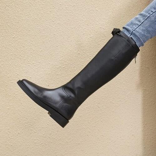 Genuine leather big size thick handsome long boots med heel square toe women keep warm riding knee-high boots