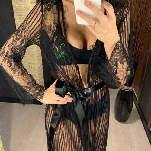 Sexy Ladies Bikini Kafatan Cover Ups Deep V Neck Long Sleeve Cardigan Top Bathing Beachwear Lace Perpsective Swimsuits Dress
