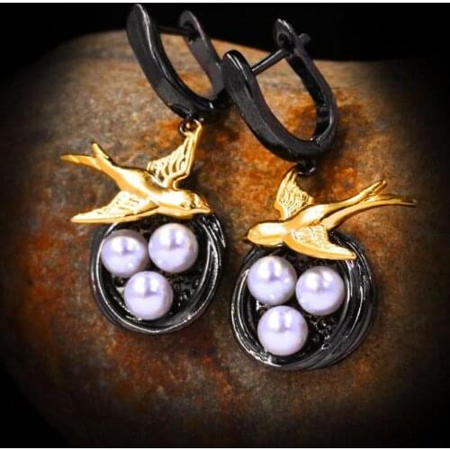 Retro Black Gold Creative Bird Sparrow Magpie Branch Pearl Dangle Drops Earrings 925 Sterling Silver Animal Jewelry for Women