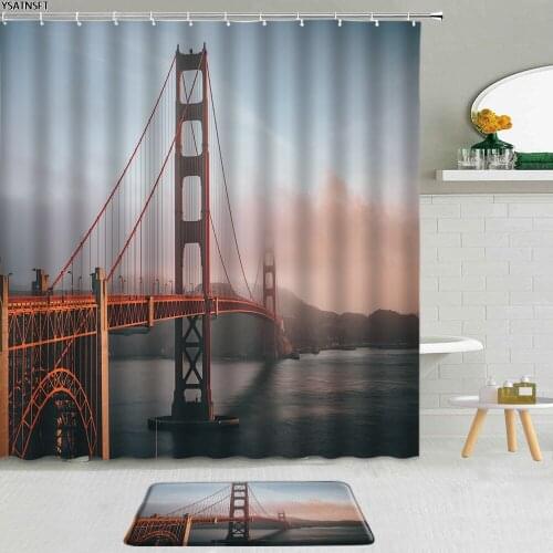 Golden Gate Bridge Architecture Scenery Shower Curtain City Night View Polyester Fabric Non-Slip Bath Mat Set Bathroom Curtains