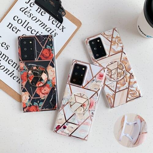 Marble Flower Ring Holder Phone Case For Samsung S21 A21S S20 FE Note 20 Ultra A42 A51 A71 A50 A70 A41 M21 M30S Silicone Cover