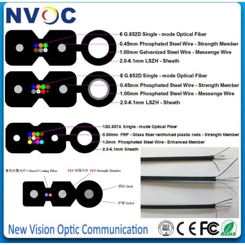 SM,4core,G657A1,Steel Strength member(0.5mm*2)+Steel Messenger(1.0mm),LSZH Jacket,Dia: 5.0*2.0,GJYXFCH FTTH Outdoor Fiber Cable