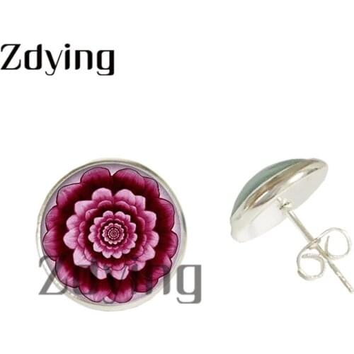 Zdying Vintage Bohemia Mandala Flower Stud Earring Glass Cabochon Flowers Art Picture Dome Party Birthday Jewelry HM114