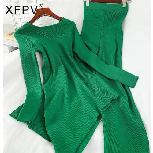 XFPV 2021 New Spring Summer Fashion Round Neck Irregular High Waist Thin Straight Knitting Wide Leg Pants Two Piece Set SJ295