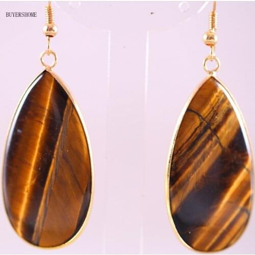 Jewelry Gift for Women 40x21MM Gold Tighers Eye Natural Stone Water Drop Beads Dangle Earring 1Pair U026