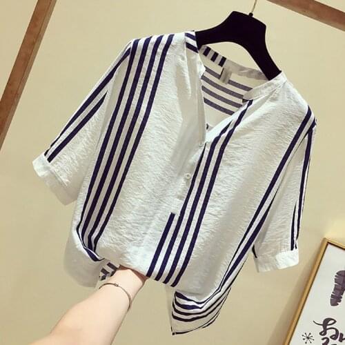 Women Spring Summer Style Blouses Shirts Lady Casual Half Sleeve Striped Printed V-Neck Loose Blusas Tops ZZ0699
