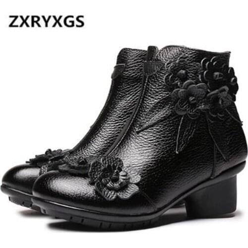 2021 Fashion Spring Winter Boots Women Shoes Classic Flower Cowhide Leather Boots Non-slip Comfort Warm Ankle Boots Women Boots