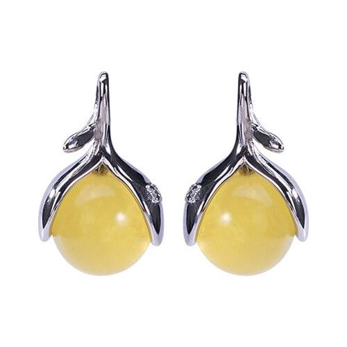 S925 sterling silver natural amber amber stud earrings small and simple bean sprouts women silver earrings