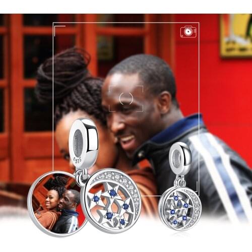 ELESHE Genuine 925 Sterling Silver Dazzling Europe Moon & Star Custom Photo Round Charm Fit Original Bracelet Women DIY Jewelry