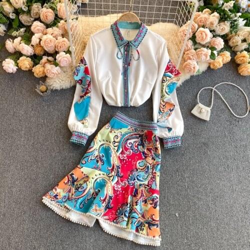 2021 Spring Runway Skirt Suit Womens Elegant Bow Turn Down Collar Ruffles Blouse + Beading Pearls Mermaid Skirt 2 Pieces Sets