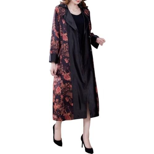2021Autumn Ladies silk trench coat Cardigan Printed Long Trench Coat Womens Elegant Temperament Casual All-Match Jacket FC671