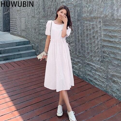 2021 New Large Womens Round Neck Summer Cotton Hemp Back Bow Loose Sweet Medium Long Short Sleeve Dress