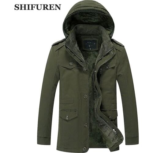 SHIFUREN Winter Warm Jakcet Men Hooded Parka Cotton Outwear Plus Size M-6XL Thicken Fleece Velvet Linned Men Causal Coat