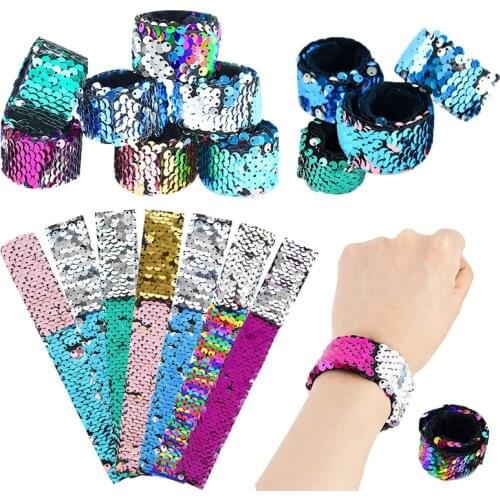 1/5Pcs Girls Mermaid Theme Clap Circle Glitter Sequins Slap Pop Circle Bracelet For Baby Shower Birthday Party Decor Kids Gifts