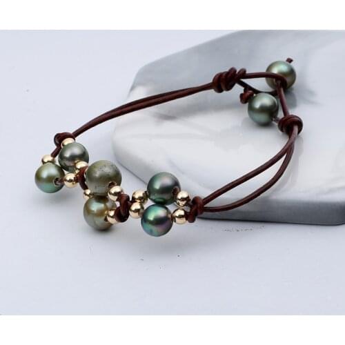 Length customize women green round natural pearl oyster dark brown genuine leather bracelet hot sell female bridal fashion