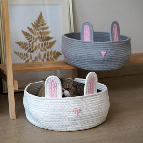 Summer Cotton Rope Woven Round Cat Bed for Small Medium Anti-scratch Ped Kennel House Portable Pet Sleeping Basket Nest