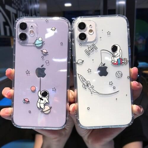 Cute Cartoon Astronaut Planet Phone Case For iPhone 11 Pro MAX 12 Mini X XS XR 7 8 Plus Funny Transparent Soft Shockproof Cover