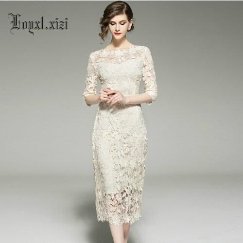 Fashion graceful womens 2018 spring and summer middle sleeve long lace dress LQ0043