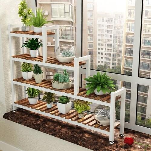 Balcony flower shelf indoor floating window flower frame wrought iron flower stand window sill flower pot shelf wooden new