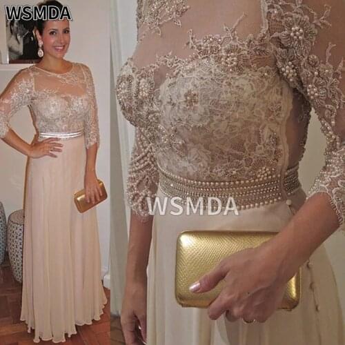 Champange Mother of The Bride Dresses A-line 3/4 Sleeves Chiffon Lace Pearls Plus Size Long Groom Mother Dresses for Weddings