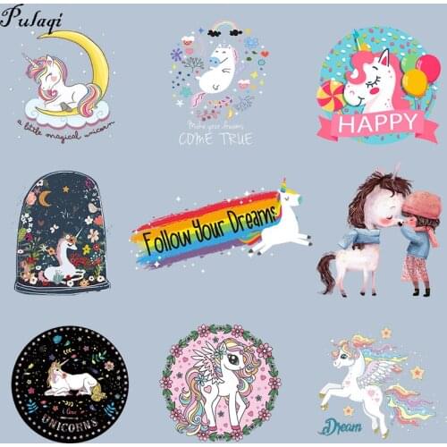 Pulaqi Vynil Cartoon Unicorn Patch Iron On Transfers Heat Transfer Thermal for Clothing Stickers Stripe Applique on Clothes DIY